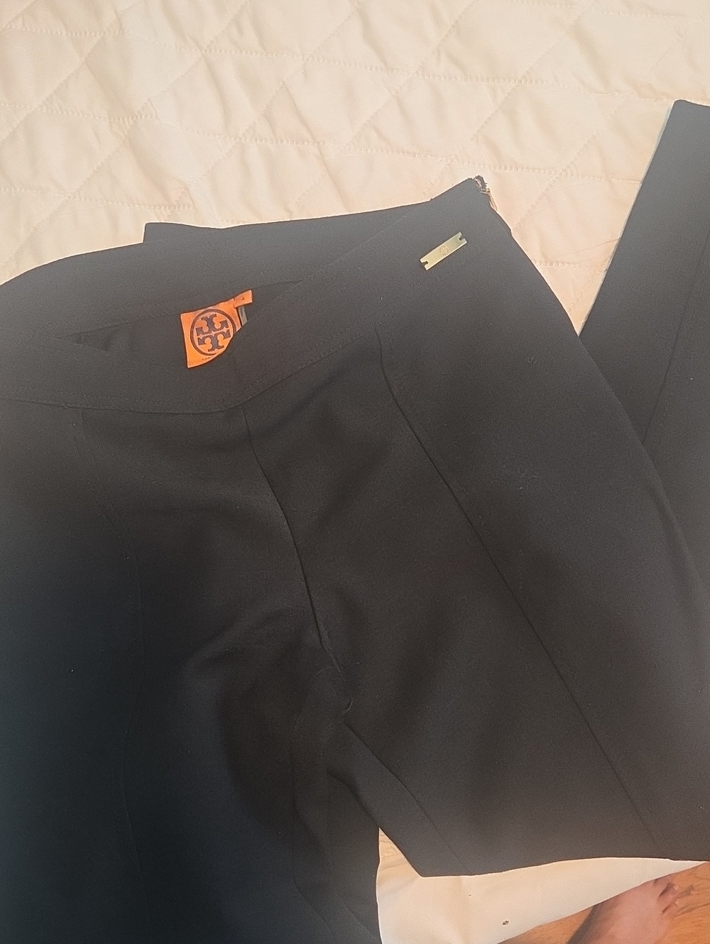 Tory Burch Black Ponte Slim Pants with Gold Logo Accent